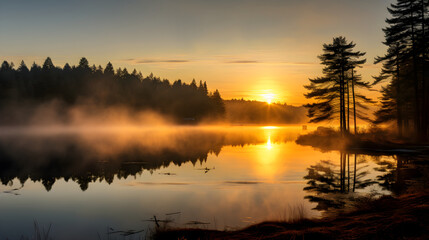 Fototapeta na wymiar Misty Dawn: Serenity And Tranquility Reflected In The Mirroring Lake