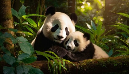 Fototapeta premium Create a heartwarming scene of a mother panda tenderly cradling her newborn cub in a lush forest setting, surrounded by greenery and gentle sunlight