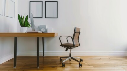 Sleek and Simple Office Setup with Wooden Desk and Chair AI Generated.
