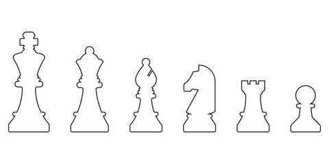 Chess piece icons set. Board game. Black silhouettes illustration. Outline set of chess vector icon for web design isolated on white background. King, queen, bishop, pawn, horse, knight, rook. - obrazy, fototapety, plakaty