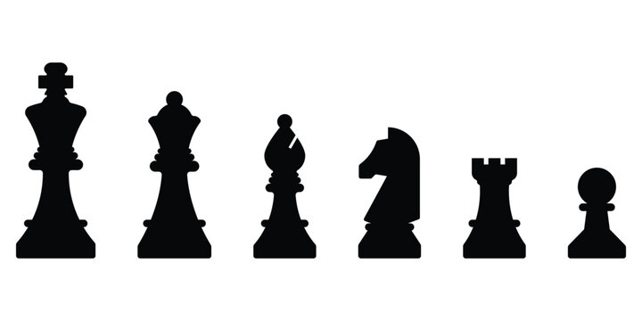 Chess piece icons set. Board game. Black silhouettes illustration. Outline set of chess vector icon for web design isolated on white background. King, queen, bishop, pawn, horse, knight, rook.