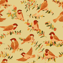 Fototapeta premium vector seamless pattern with drawing birds and tree branches with leaves, hand drawn sparrows, natural cover design