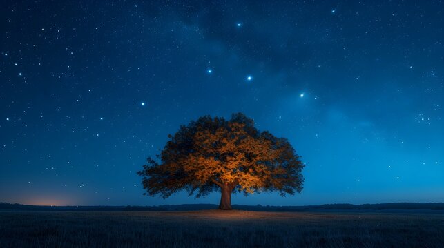 A tree in the beautiful night sky landscape wallpaper. Generative AI