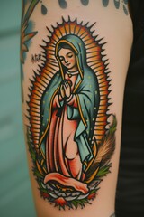 A Blessed Virgin Mary tattoo on the skin texture. Generative AI