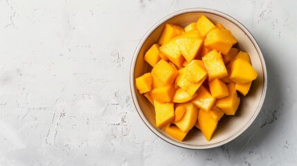 A bowl filled with luscious mango chunks against a simple white background
