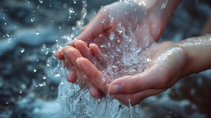 Fototapeta premium Sparkling water on woman hand. Generative AI