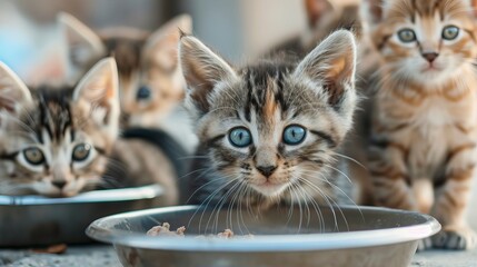 Adorable Kittens with Mesmerizing Blue Eyes Gathered Around a Food Bowl. A group of charming cats attentively focuses on camera. Panorama with copy space - generative ai