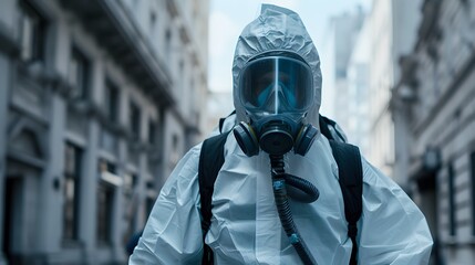 A male scientist portrait wearing a plague protection suit, working in public city town. Generative AI