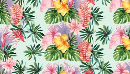 Poster Tropical leaves and flower hand-drawn seamless background © ROKA Creative