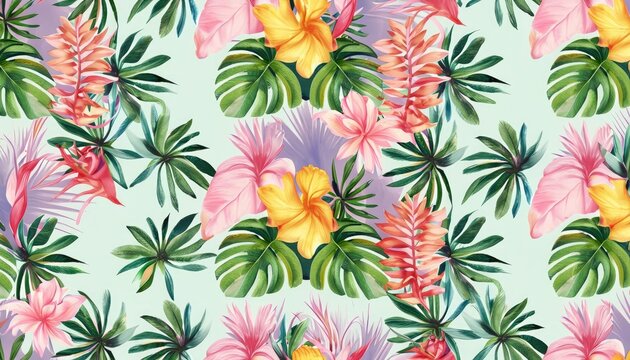 Fototapeta Tropical leaves and flower hand-drawn seamless background