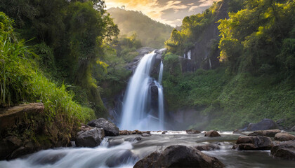 Obraz premium waterfall from the mountains, green forest, bright sunny day in nature, beautiful natural landscape