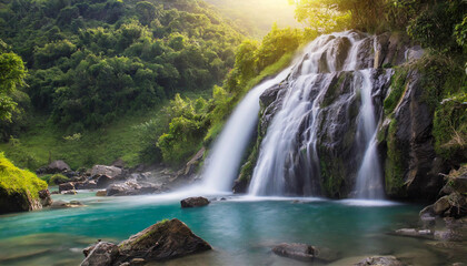 Fototapeta na wymiar waterfall from the mountains, green forest, bright sunny day in nature, beautiful natural landscape
