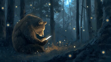 A bear sitting and using a tablet smartphone in the jungle forest. Generative AI - obrazy, fototapety, plakaty