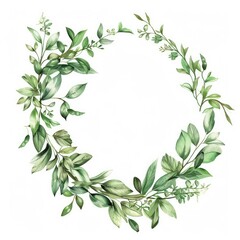 Oval wreath of green foliage, fine hand-painted in the style of watercolor illustration, white background,