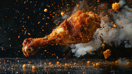 Crispy fried chicken leg captured in mid-explosion, with breading and spices flying off, set against a dark, dynamic background.