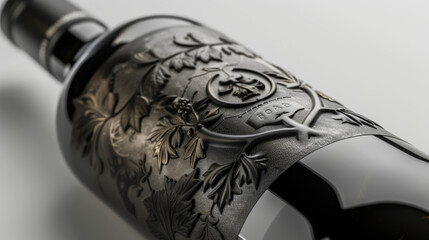 A closeup of the wine bottle displays a raised embossed seal on the label adding a unique texture to the design. The seal features a g and leaves symbolizing the wines origin.