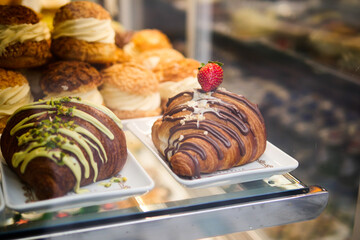 fresh baked croissant in a bakery 