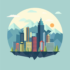 Circle Cityscape Building with Mountain View in Bright Day Flat Design Illustration