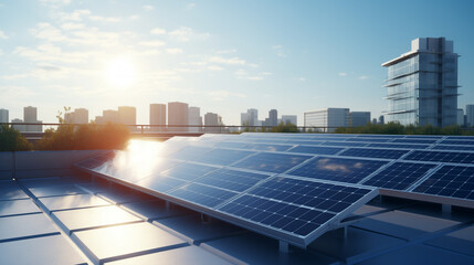 Solar panels installed on eco friendly office building, green technology, go green concept, sustainable office