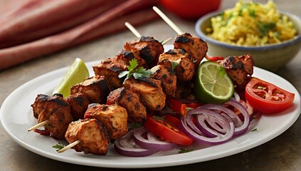 Chicken tikka kebabs with red onion and peppers