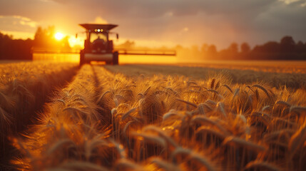 A tractor plows through a wheat field, with dust trailing behind in the warm light of a setting sun in the countryside.