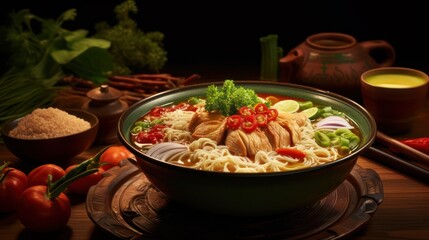 Menu: Delicious Asian ramen noodles served hot in a bowl.