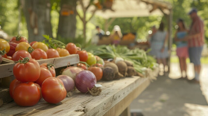 A rustic wooden table adorned with an ortment of freshly picked vegetables from plump red tomatoes to delicate purple onions. In the background the charming farm stand is