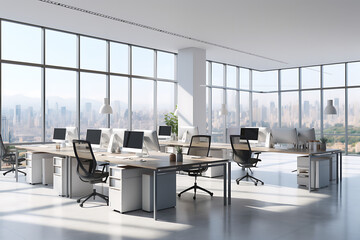 Fototapeta na wymiar Side view of modern open space office with white walls, tiled floor, rows of computer tables and large windows with blurry cityscape.