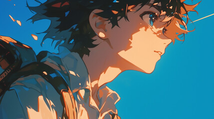 横顔の男子　学生　新社会人　シンプル青背景