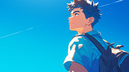 横顔の男子　学生　新社会人　シンプル青背景