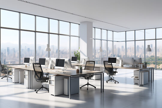 Side view of modern open space office with white walls, tiled floor, rows of computer tables and large windows with blurry cityscape.