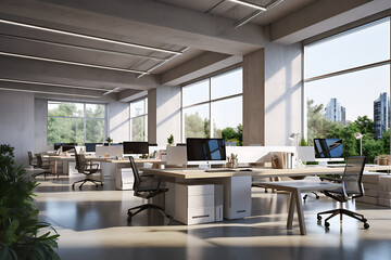 Side view of modern open space office with white walls, tiled floor, rows of computer tables and large windows with blurry cityscape. - obrazy, fototapety, plakaty
