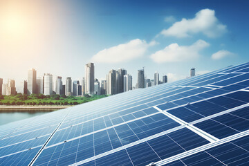 solar energy panels with modern cityscape in the background. 3d rendering