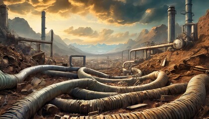 Sewage pipes twist and coil like serpents through a barren wasteland, spewing toxic sludge into the air as they churn through piles of discarded junk