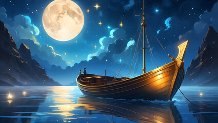 A Real Boat and Night Moon with stars, palette combining blue and gold - obrazy, fototapety, plakaty