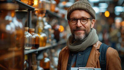 Stylish man with glasses in a hat smiling in a shop.