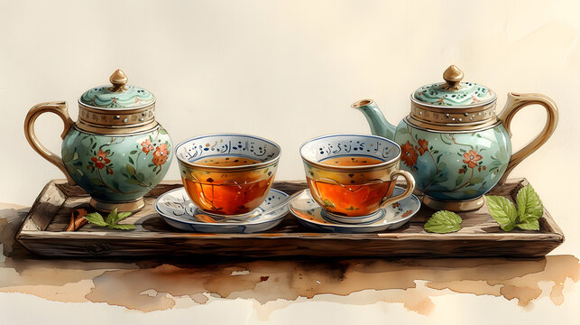 Vintage Porcelain Tea Set and Cups: Illustrated Elegance
