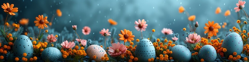 Colorful Easter eggs among vibrant flowers - obrazy, fototapety, plakaty