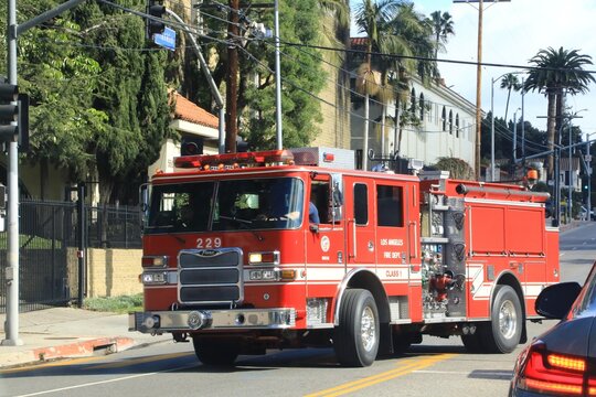 Fire truck en route to an emergency. Los Angeles, California, USA - February 12