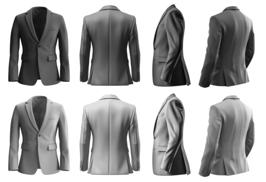 2 Set of dark light grey gray, front back side view, business collar suit blazer jacket coat on transparent background cutout, PNG file. Mockup template for artwork graphic design - Powered by Adobe