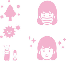 アイコン　花粉症　花粉　医療　人物　女性　ベクター　イラスト素材セット