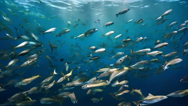 A school of yellow and blue fish swimming freely in the clear blue sea.
