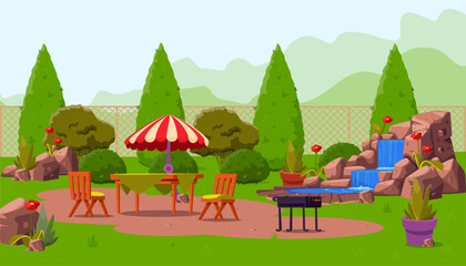 Obraz na płótnie Canvas Wooden table with umbrella and chairs and barbecue grill vector illustration. Rock garden plant and green trees on background. Ornamental garden design. Gardening, decoration, picnic concept
