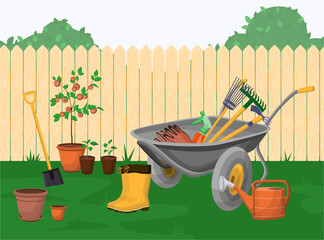 Garden tools in front of  fence vector illustration. Wheelbarrow with rakes and rubber gloves, rubber boots, watering pot, shovel. Gardening, hobby concept. © SurfupVector