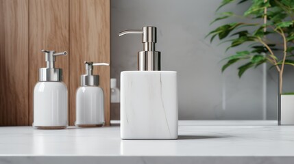 Liquid soap packaging bottles in a modern clean bathroom, without labels for mock up template purposes.