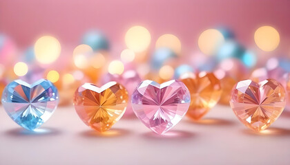 Crystal clear heart colorful pastel with blurred bokeh. Valentine background. banner