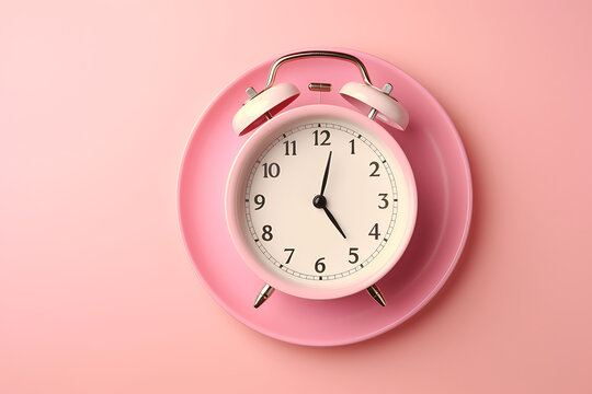 Pink alarm clock on white plate on pink background with copy space.