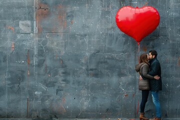 cute couple kissing with red heart shaped balloon,copy space
