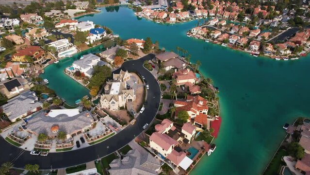 The Lakes, Las Vegas NV USA. Drone Shot of Upscale Residential Community, Houses Homes and Streets by Water