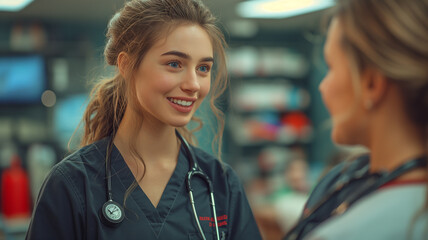 Fototapeta premium A nurse smiling with her stethoscope, in hospital